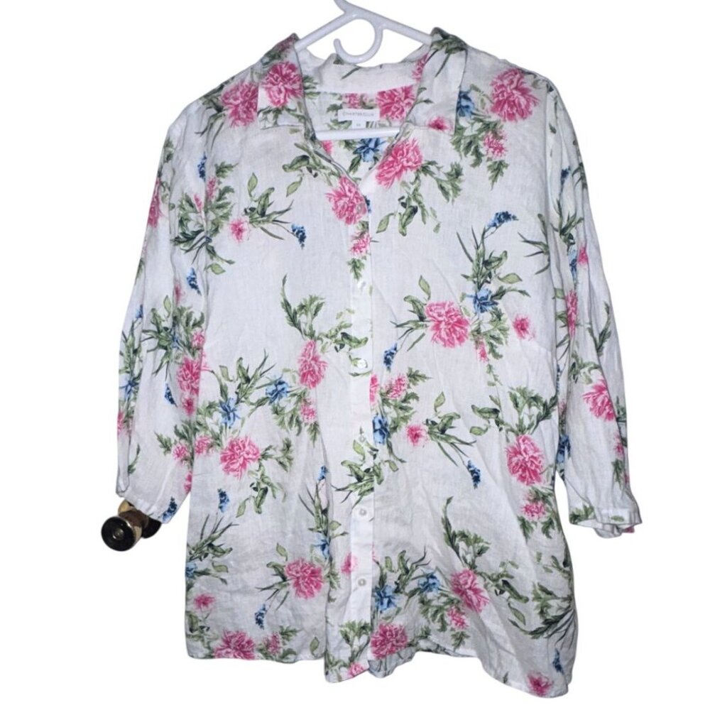Charter Club Womens Floral Print Button-Down Shirt XXL Linen Blend White Pink Bl